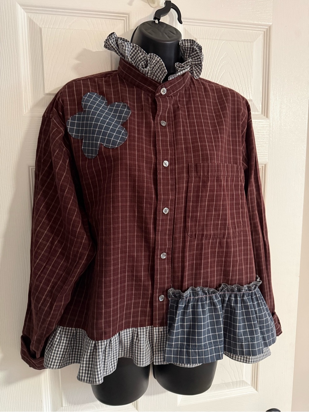 Upcycled Burgundy Plaid Ruffle Shirt with Blue Check Accents